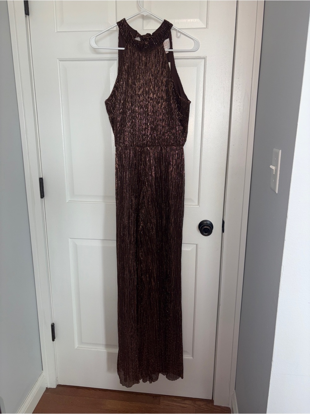 Metallic Brown Halter-Style Evening Jumpsuit